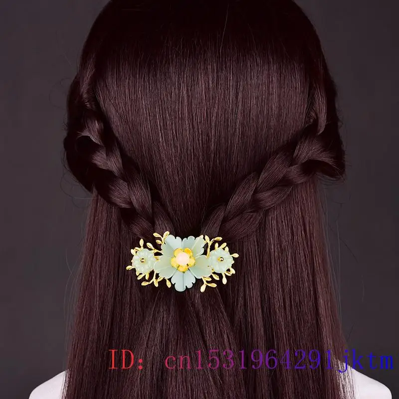 Green Jade Flower Barrette Des - Gold Plated Jewelry 评论和价格
